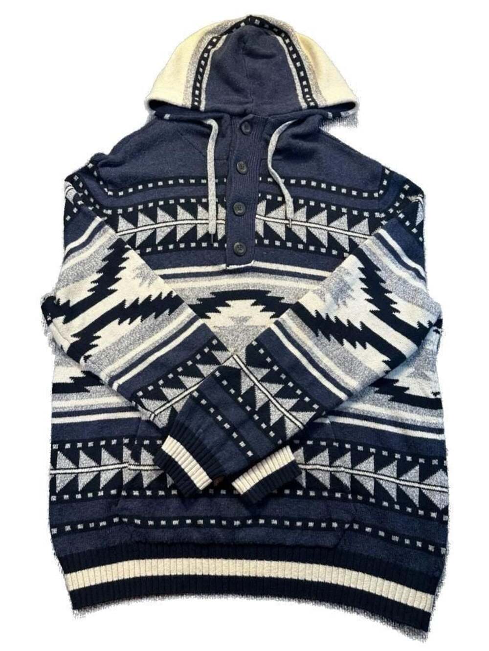 American Eagle Aztec Pattern Hooded Sweater  Henley Button Mens L Cozy Heritage